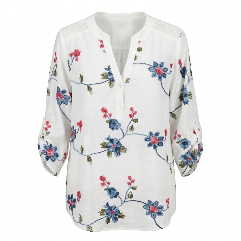 Kindred Women's Plus Size 2X White Multicolor Floral Embroidery 3/4 Sleeve Top
